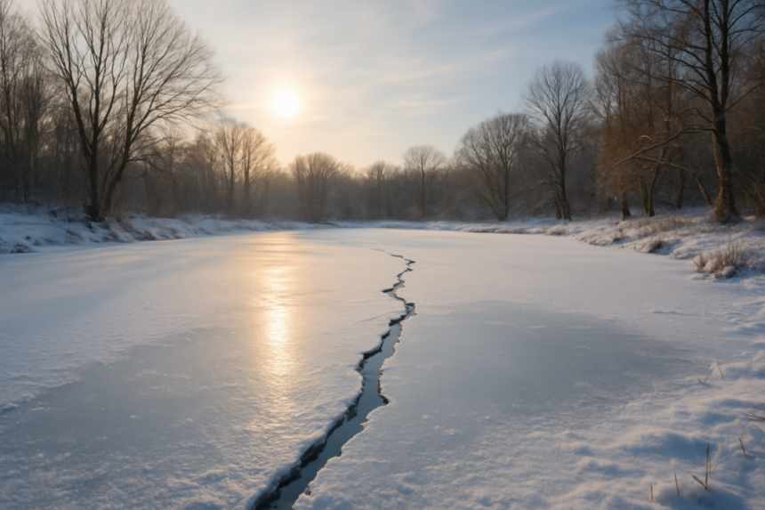 Frozen pond with crack