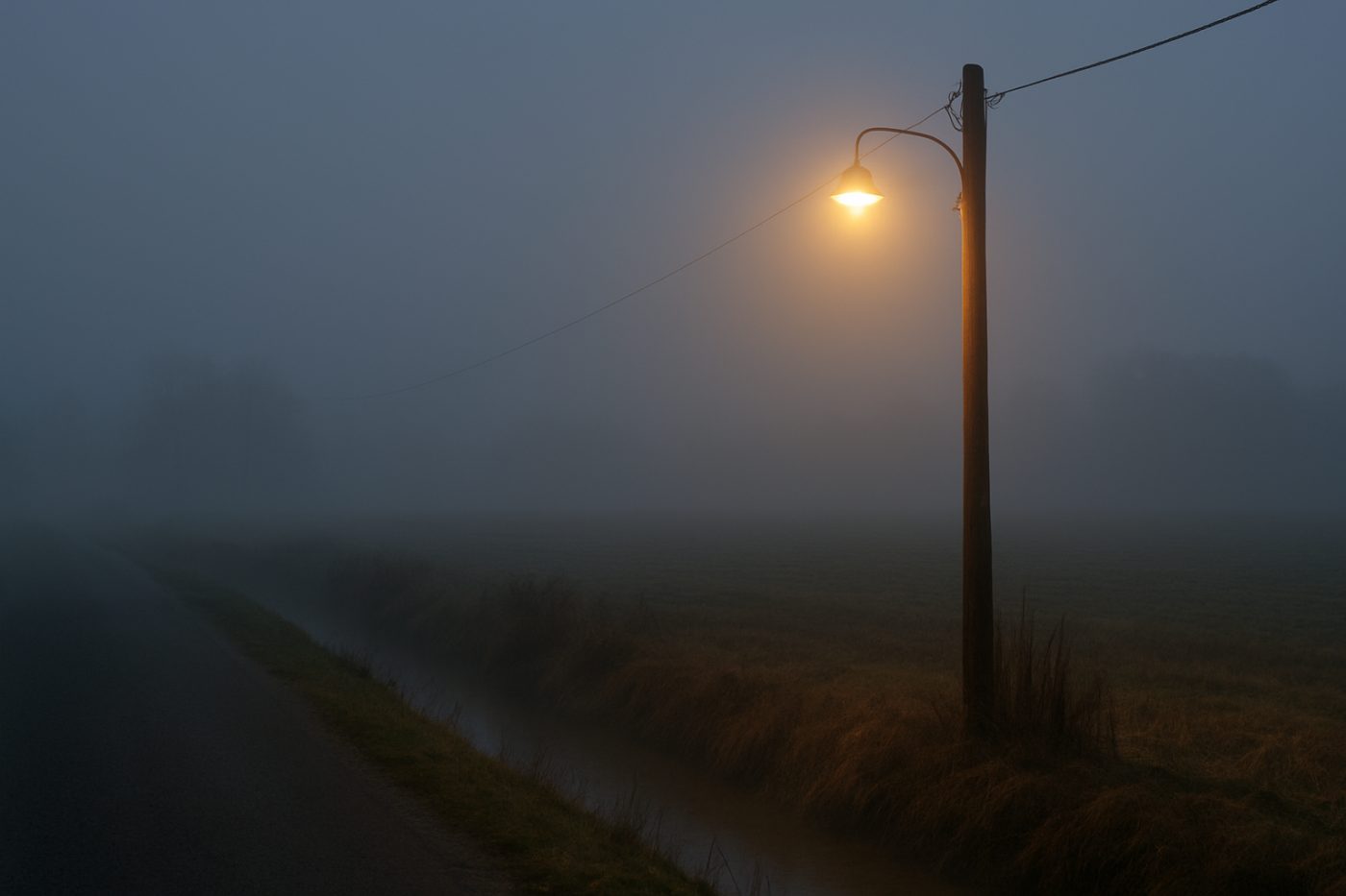 Foggy field with porch light