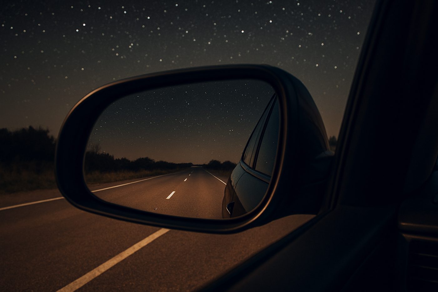 Rearview mirror on haunted road