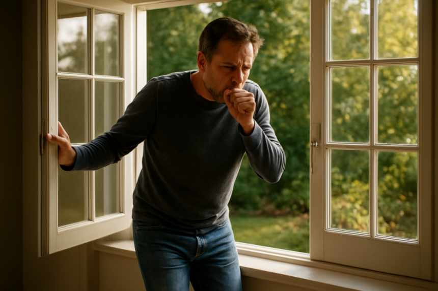 man outside house coughing