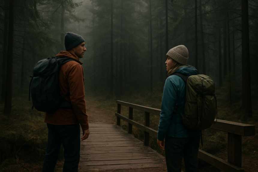 Hikers at forest footbridge