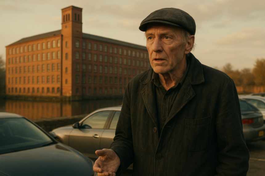 Mill caretaker by cars talking