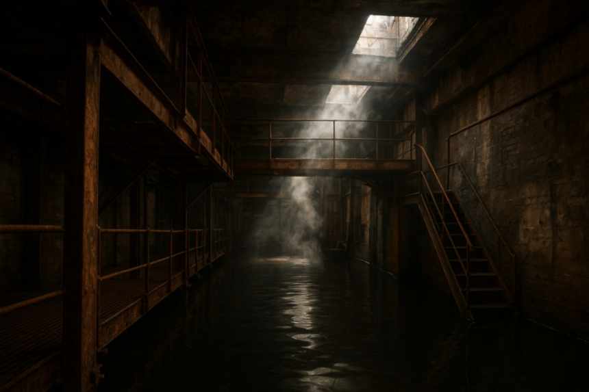 Flooded basement catwalks view
