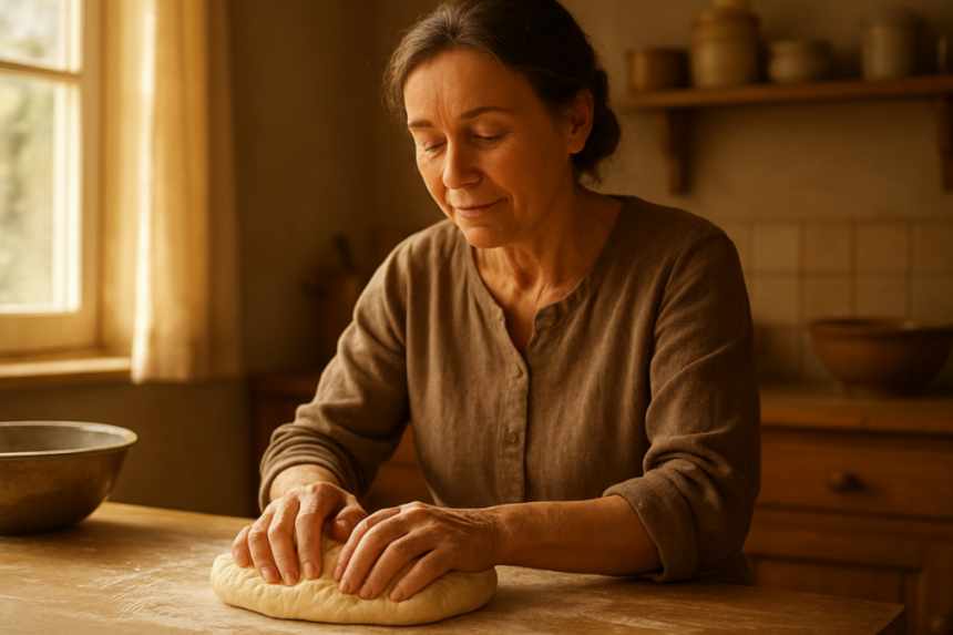 Woman kneading bread
