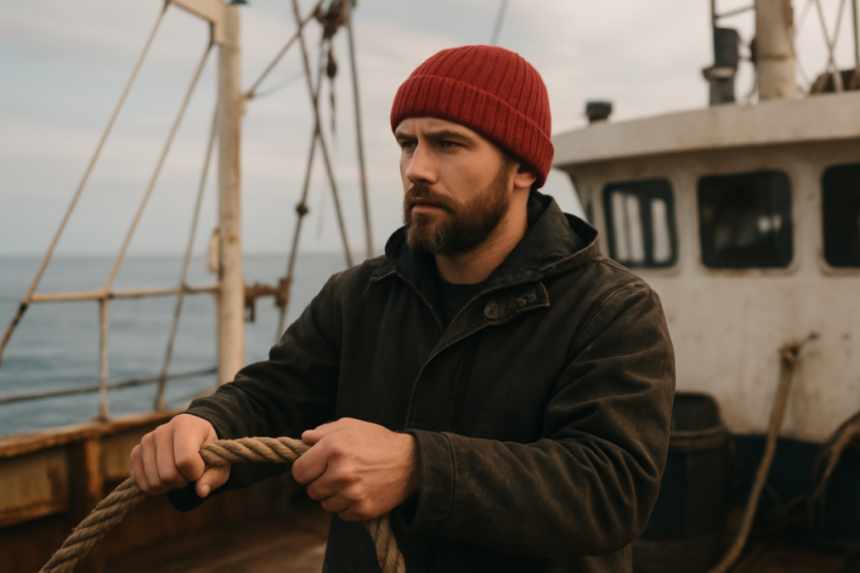 Man with red hat on boat