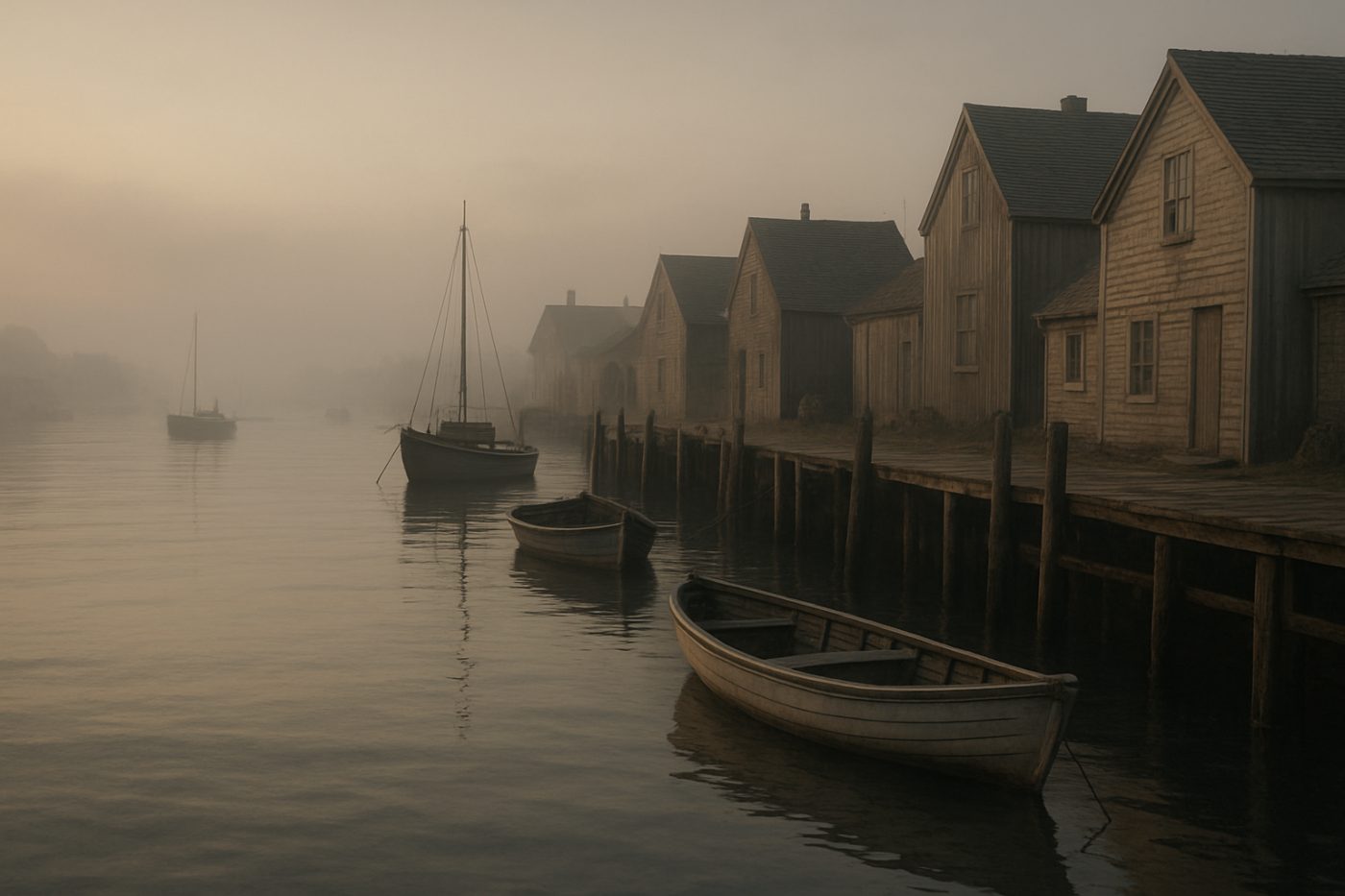 Grey harbour with boats at dawn