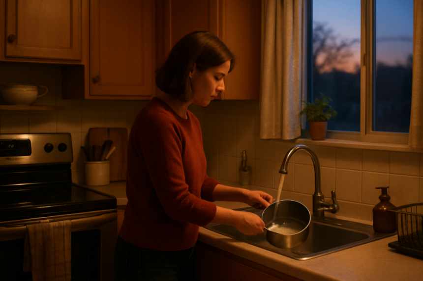 kitchen scene with clock and saucepan