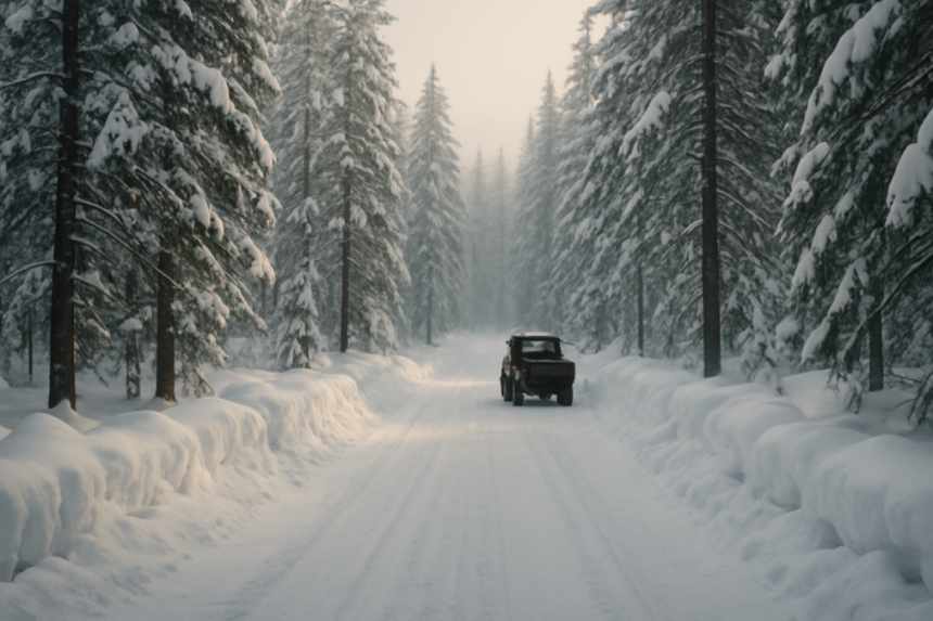 snowy road with truck