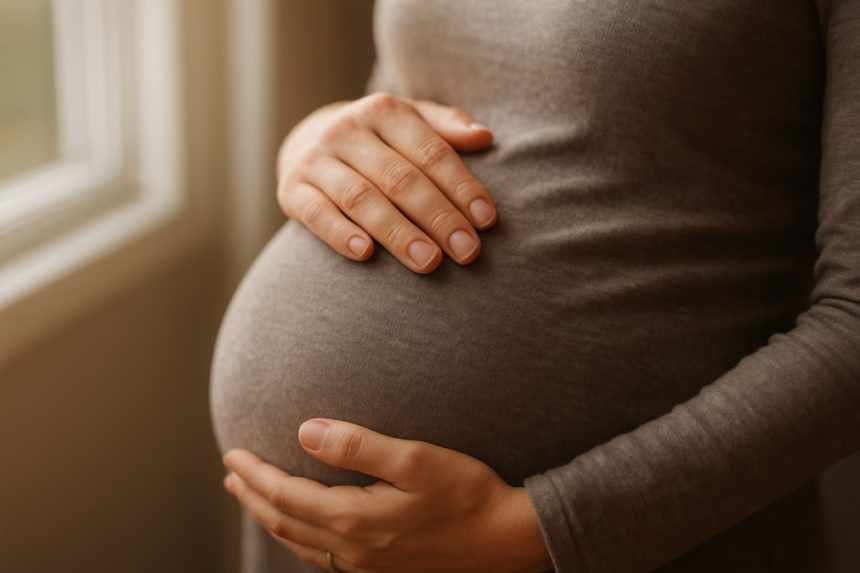 Pregnant woman’s hand on belly