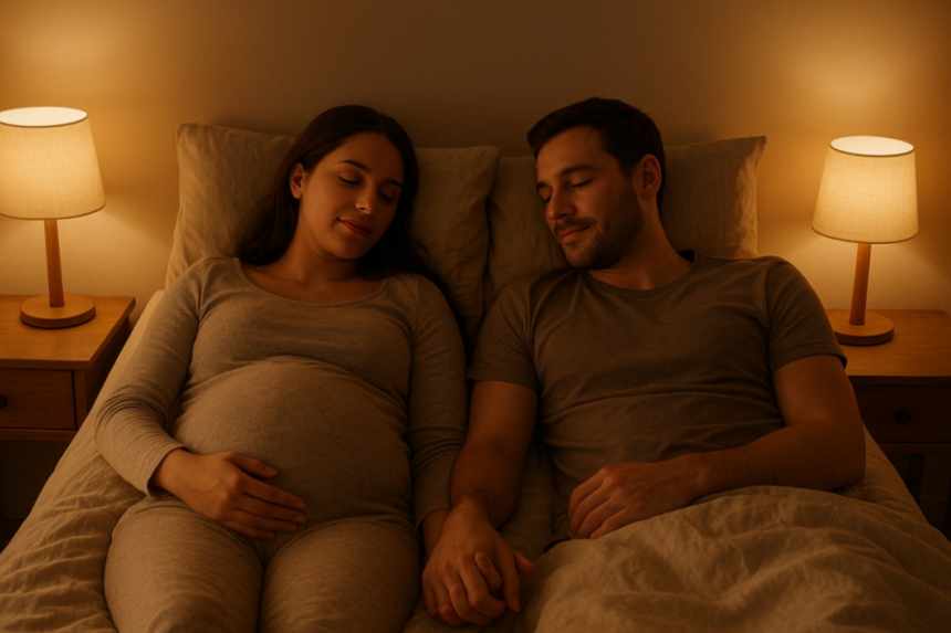 Couple holding hands, quiet bedroom