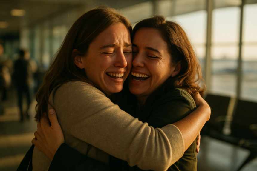 Emotional reunion hug