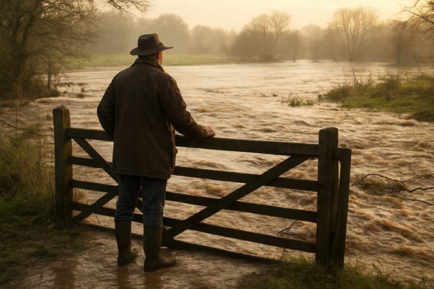 Farmer by flooded meadow