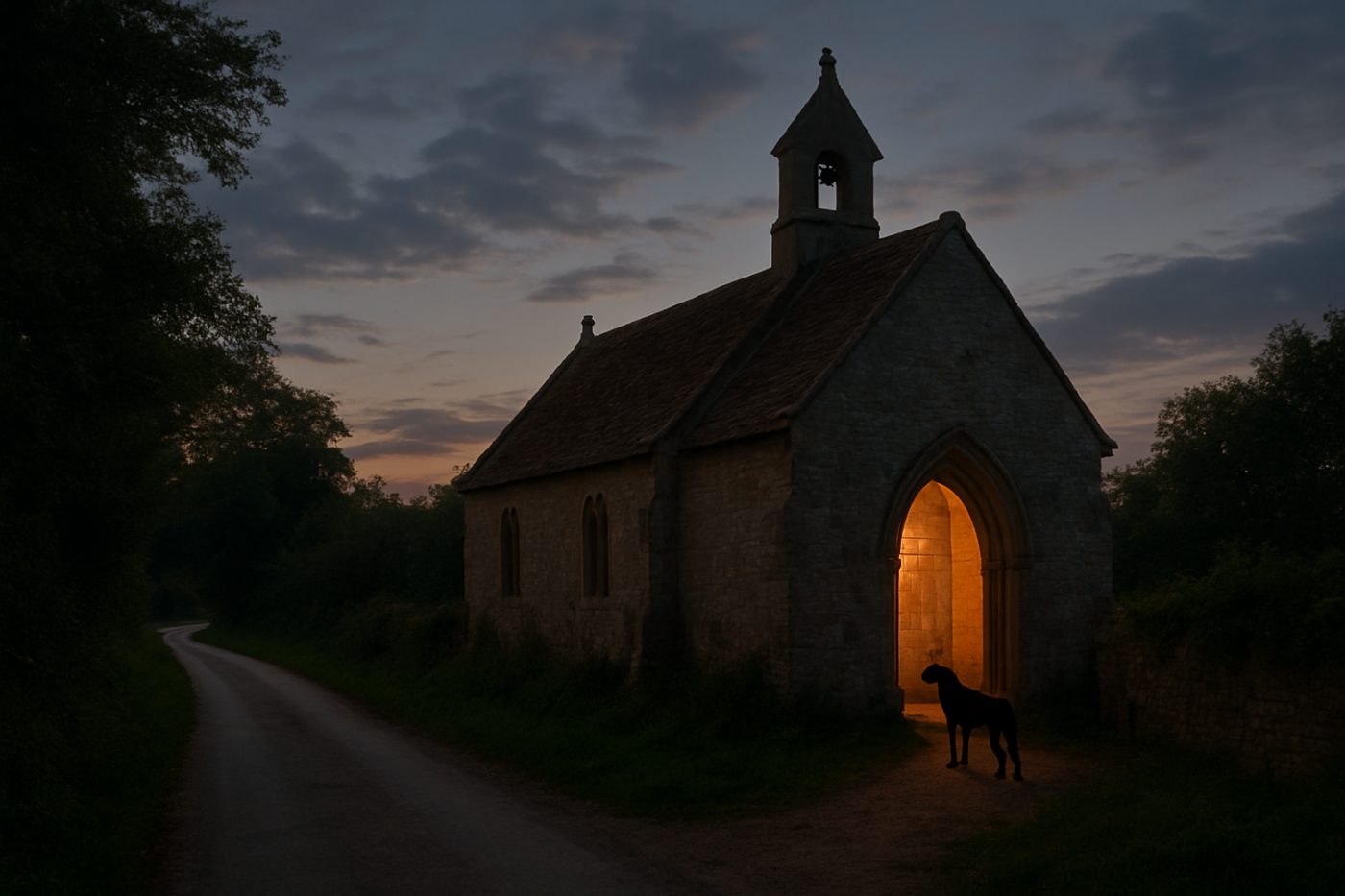 black dog near chapel