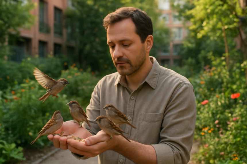 Feeding sparrows outside