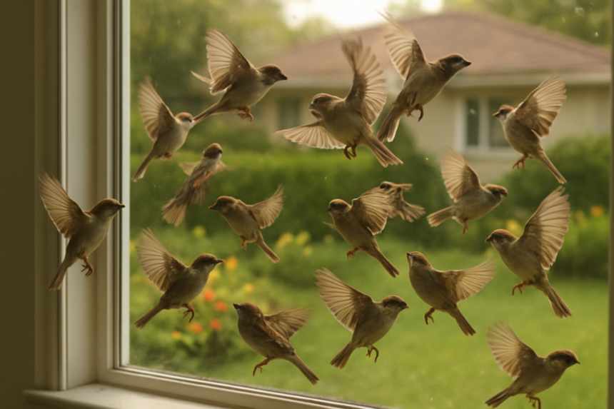 Battering house sparrows on window
