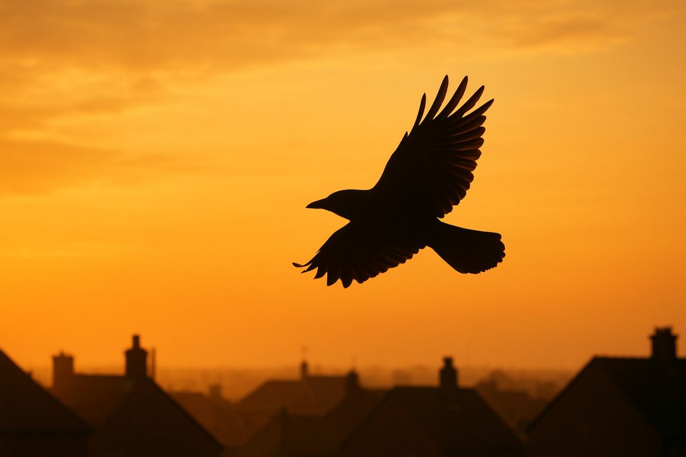 Crow flying over rooftops