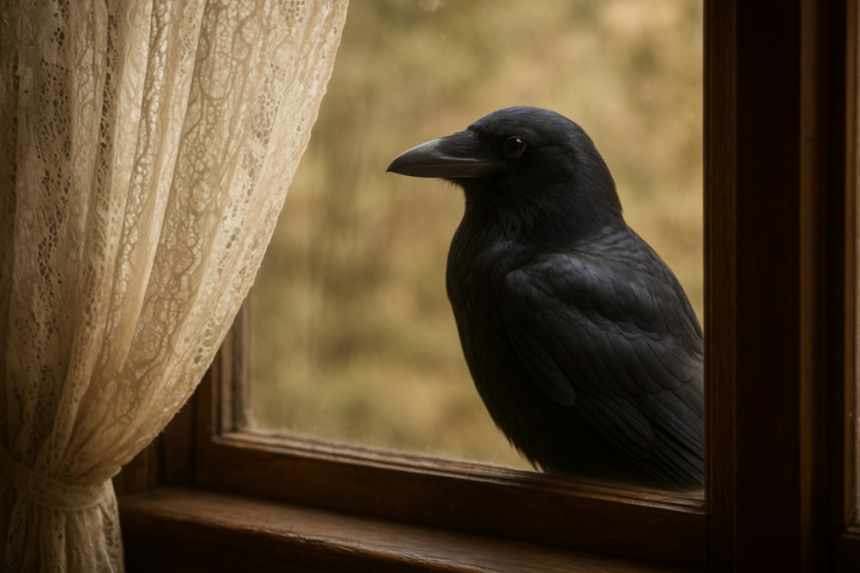 Crow looking through curtain
