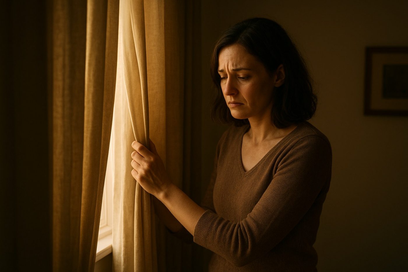 Woman closing curtain
