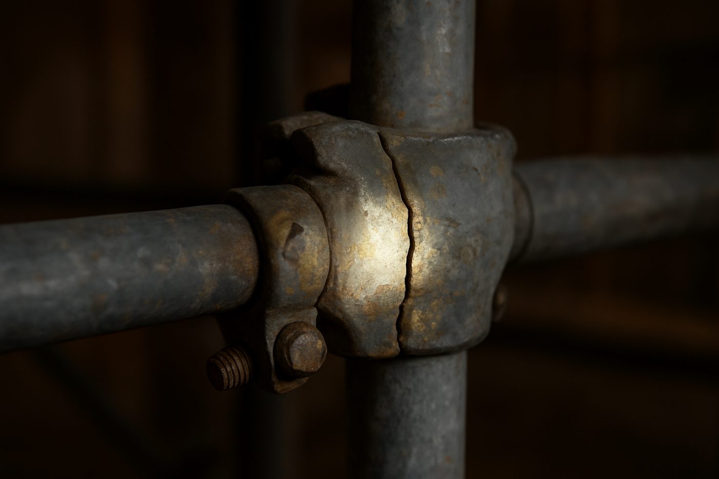 cracked scaffold coupler close-up