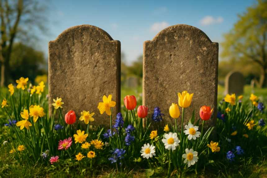 paired gravestones spring