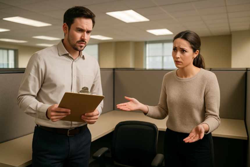Coworkers discussing empty desk