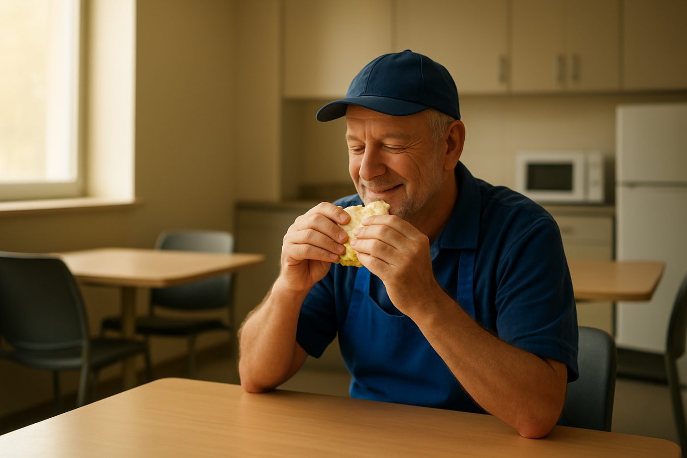 cleaning staff eating sandwich