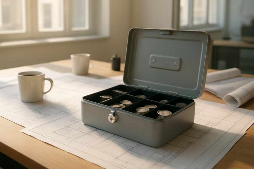 petty cash tin on desk