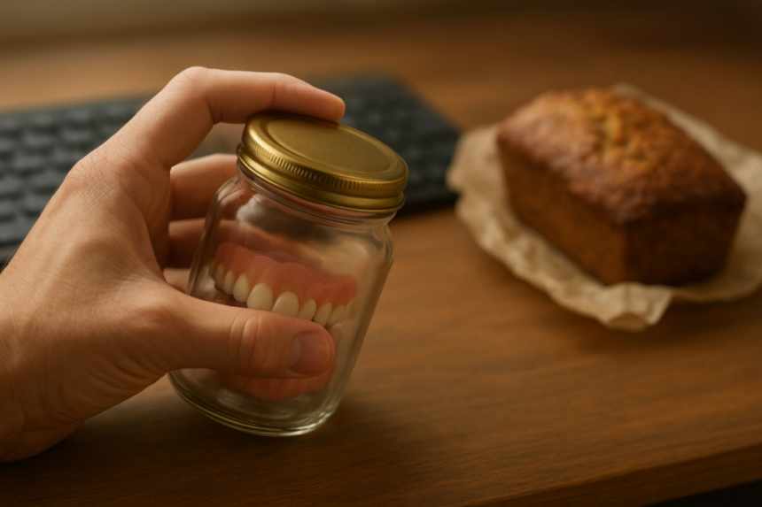 Hand shaking jar of teeth