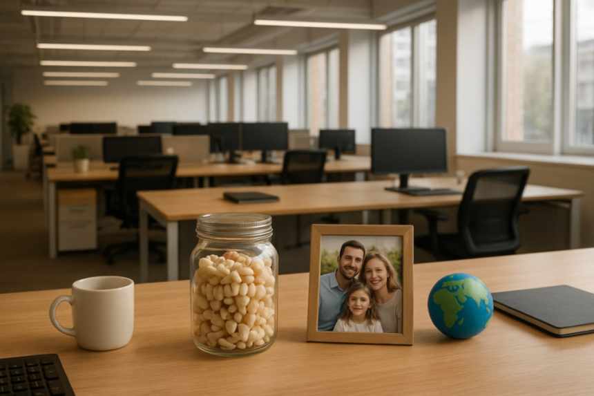 Office desk with jar of teeth