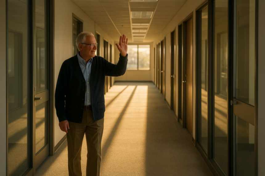 Man waving in office hallway