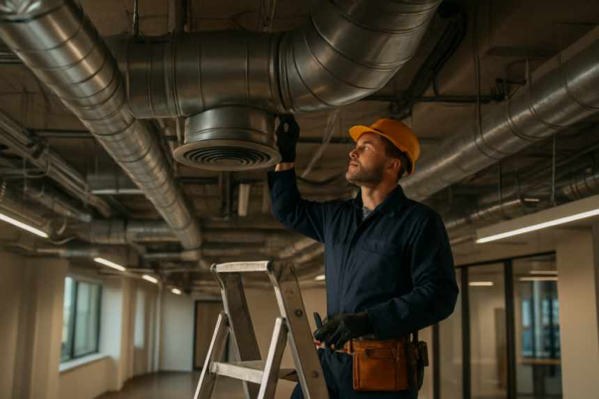 HVAC technician inspecting ducts