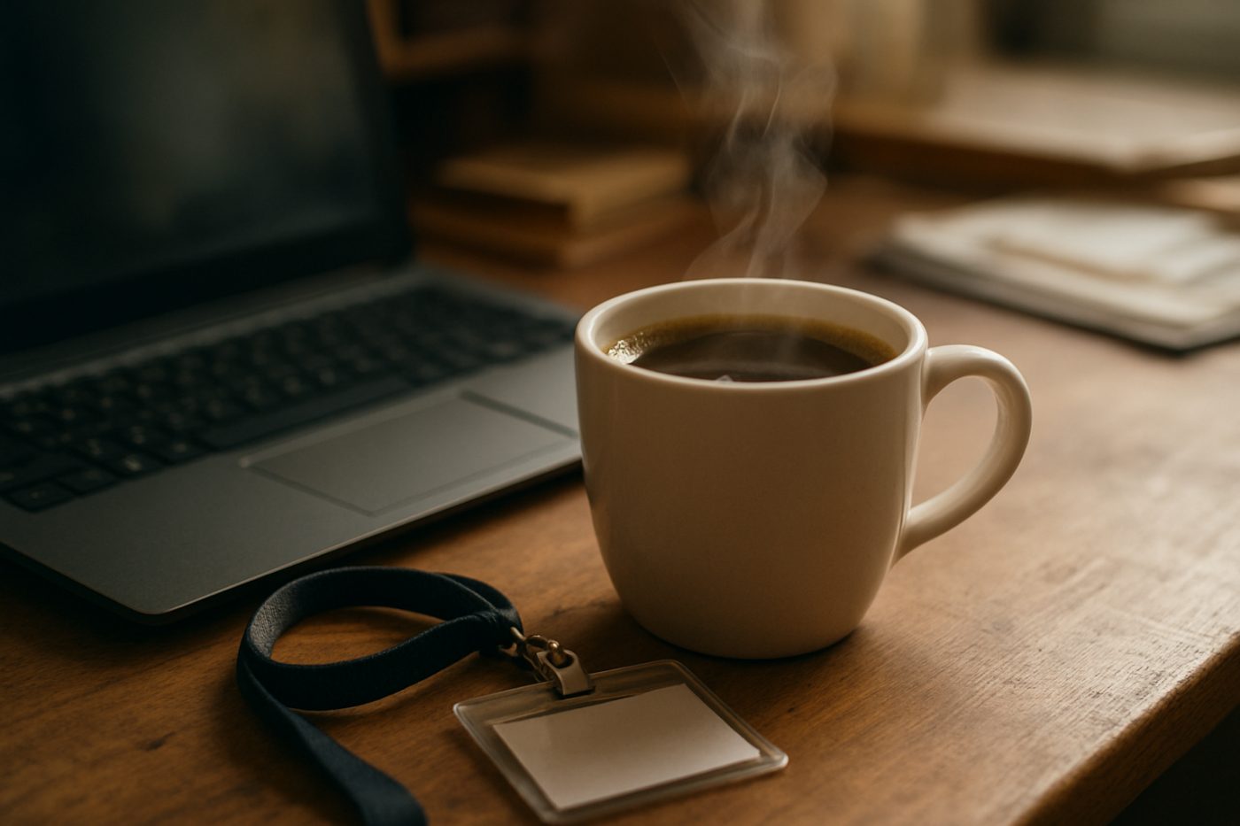 coffee and lanyard workplace