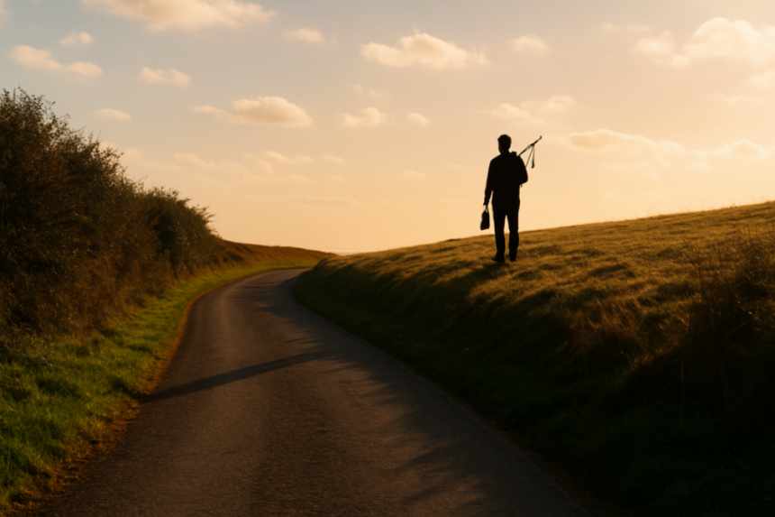Man stands on hill ridge