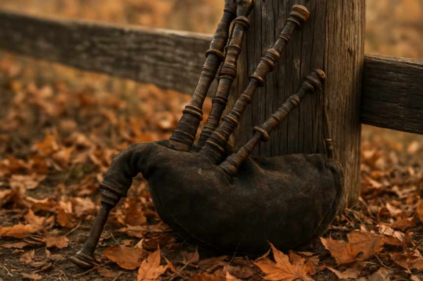 Weathered bagpipes on fence