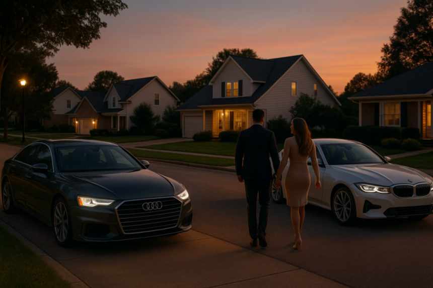 Couples arriving suburban street