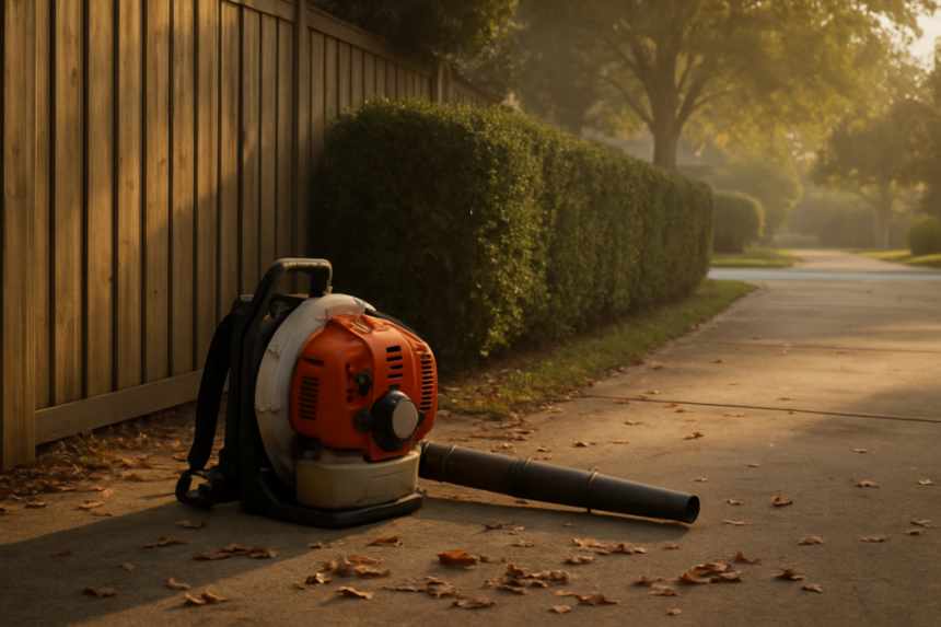 leaf blower on driveway