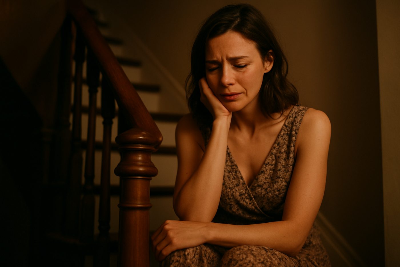 Woman sitting on stairs, anxious