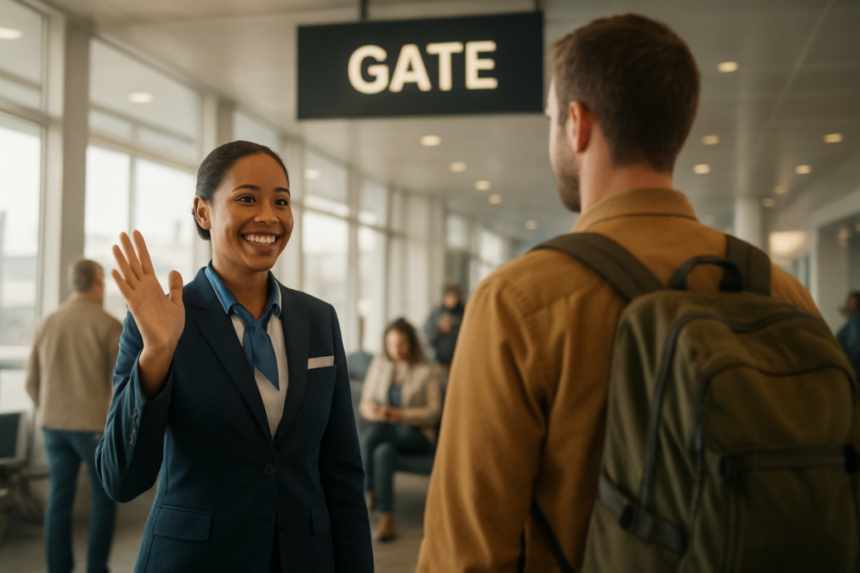 Gate agent waving traveler