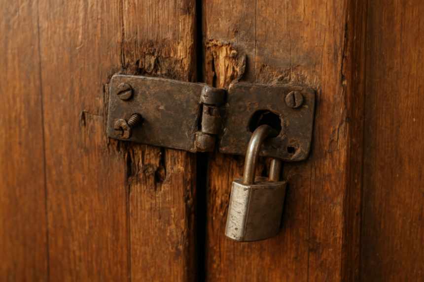Broken lock on wooden door