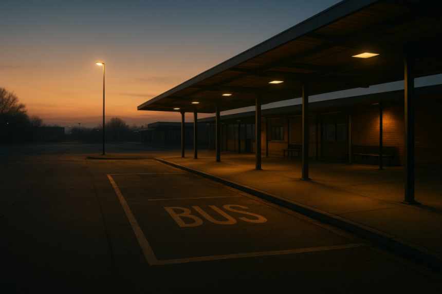 Empty early morning bus depot