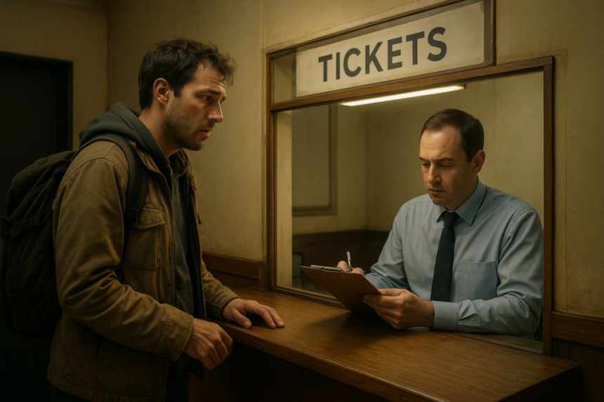 Confused traveler at ticket booth