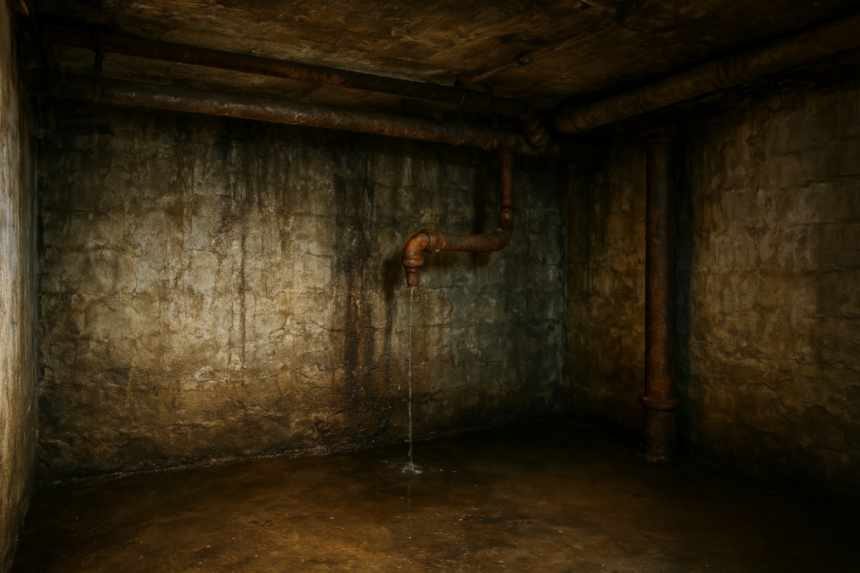 Damp basement with dripping pipes