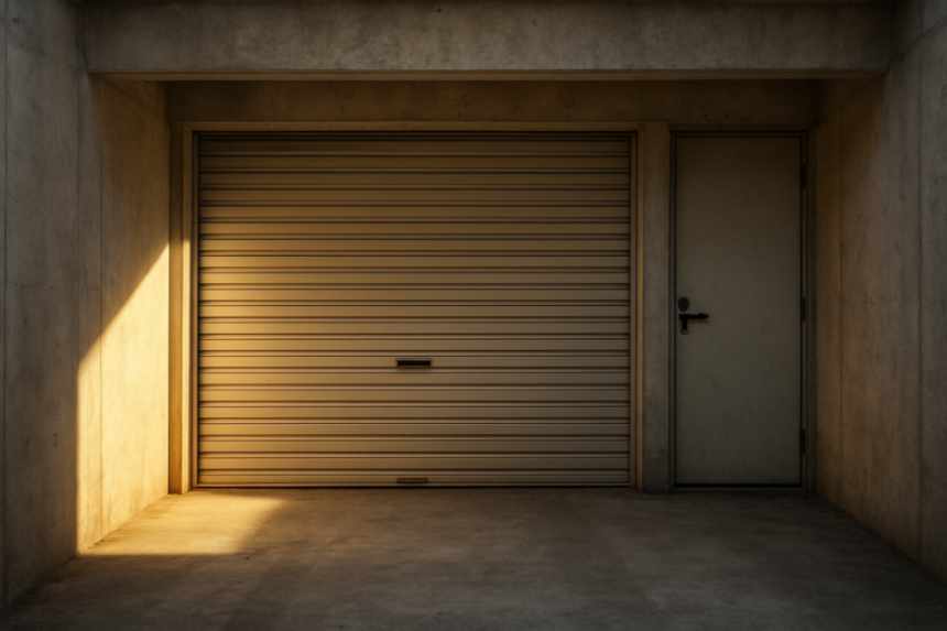 Locked single-car garage interior