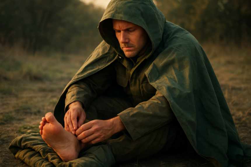 Drying feet under poncho