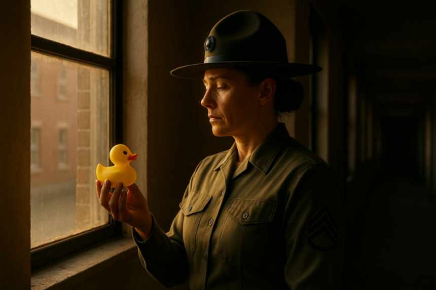 Drill sergeant holding duck alone