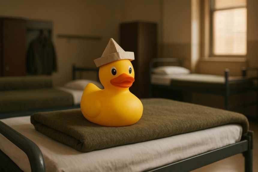 Rubber duck on soldier bunk
