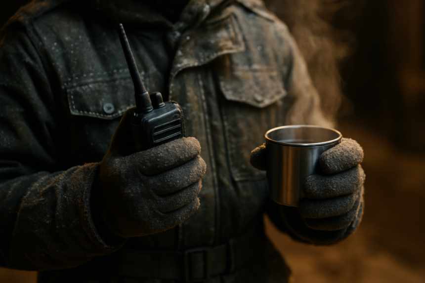 soldier hands radio thermos