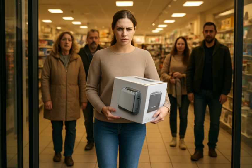 Woman leaving with toaster