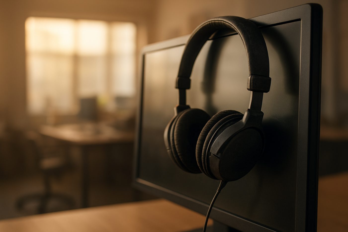 headset hanging on monitor