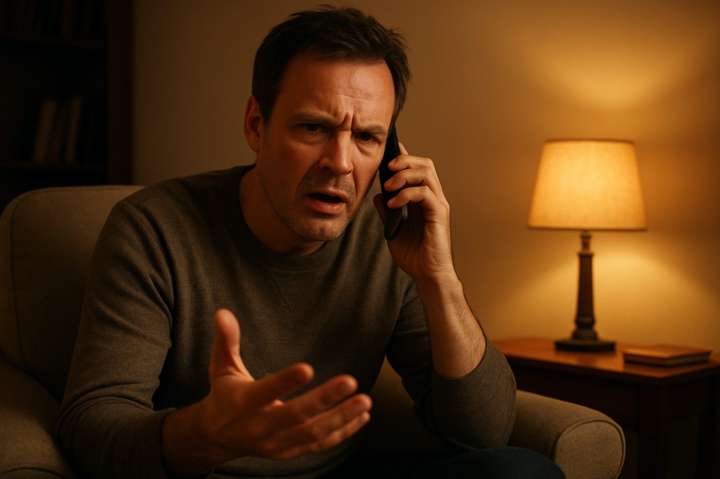 frustrated caller on phone